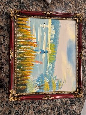 Framed OIL PAINTING Martha's Vineyard Cape Cod Sunset Lake Woman Girl Boat